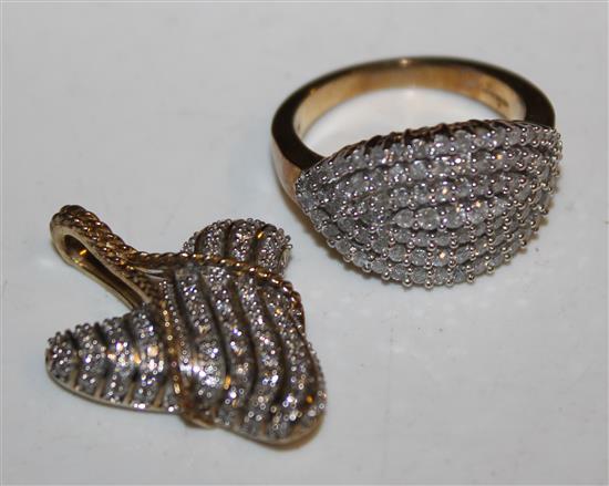 9ct gold and pave set diamond dress ring and similar pendant